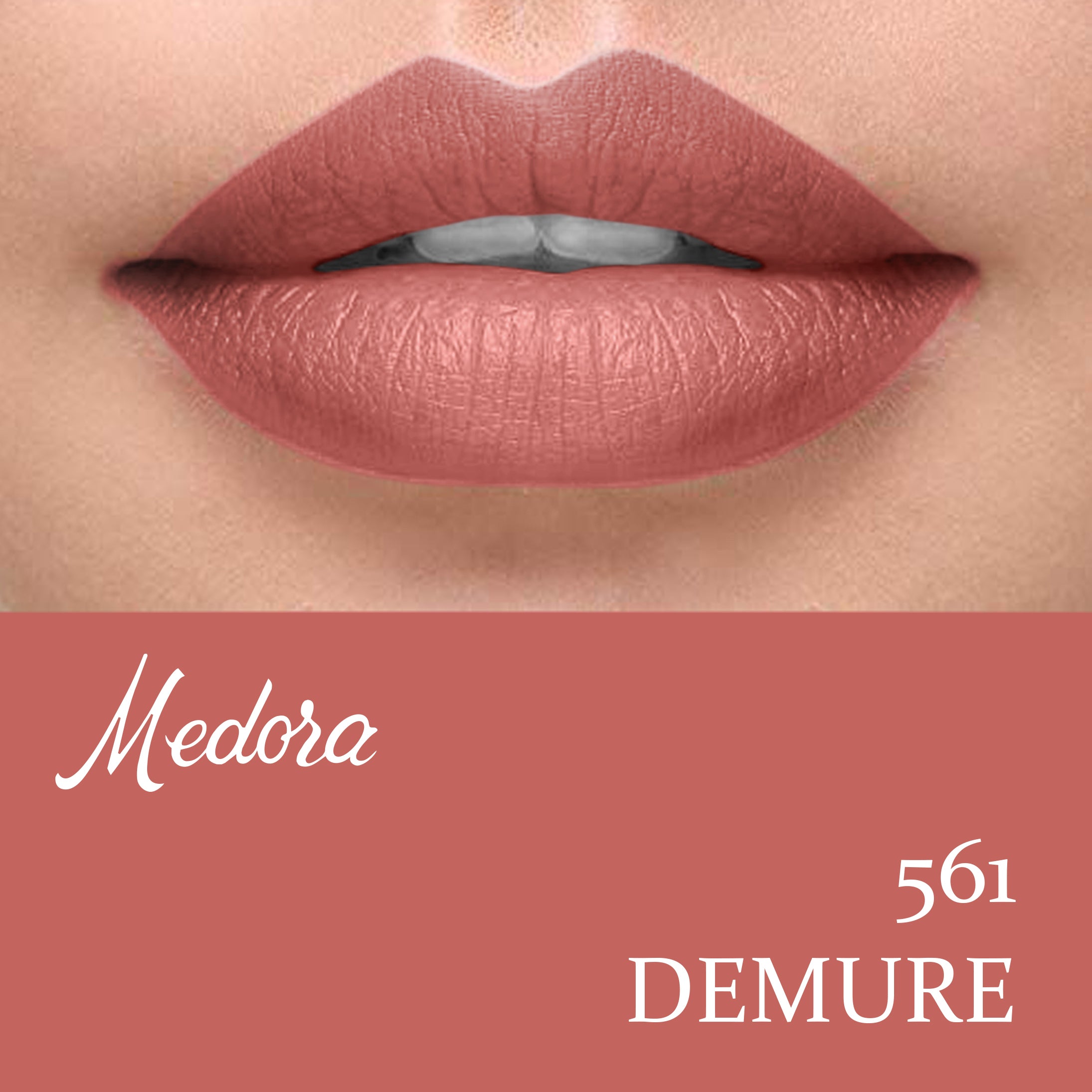 “Medora Matte Demure shade swatch nude lipstick”