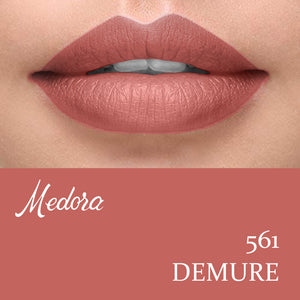 “Medora Matte Demure shade swatch nude lipstick”