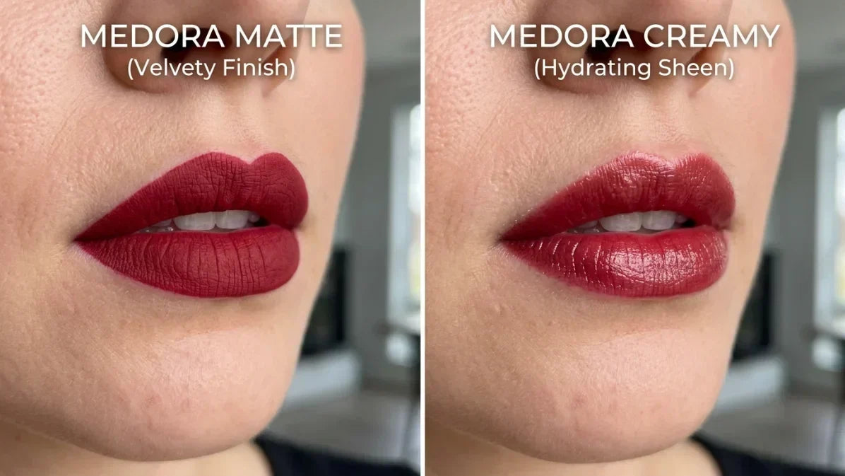 A split-screen close-up comparison of a woman's lips, one side showing a bold, velvety matte Medora lipstick and the other side showing a soft, glowing creamy Medora lipstick.