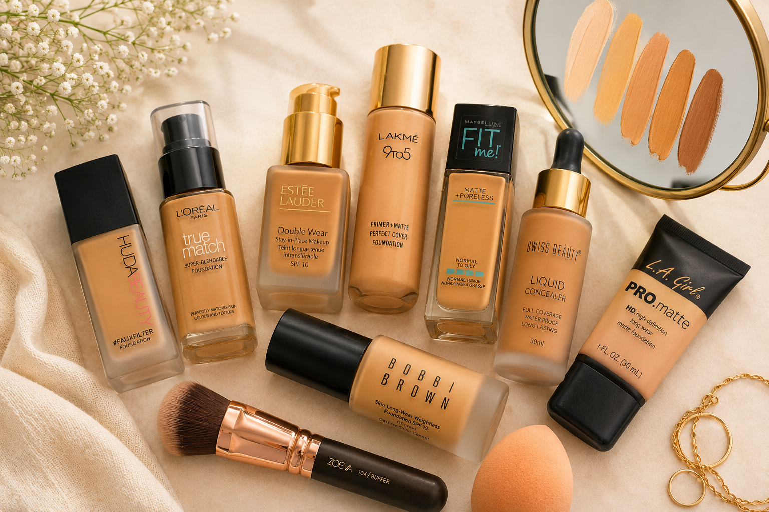 Best foundation shades for Pakistani skin tones - Miss Rose and Medora foundation bottles with makeup brush and beauty blender