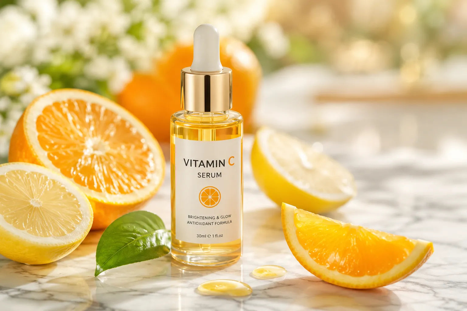 Vitamin C serum bottle with fresh oranges and lemons - best vitamin C serum guide for glowing skin