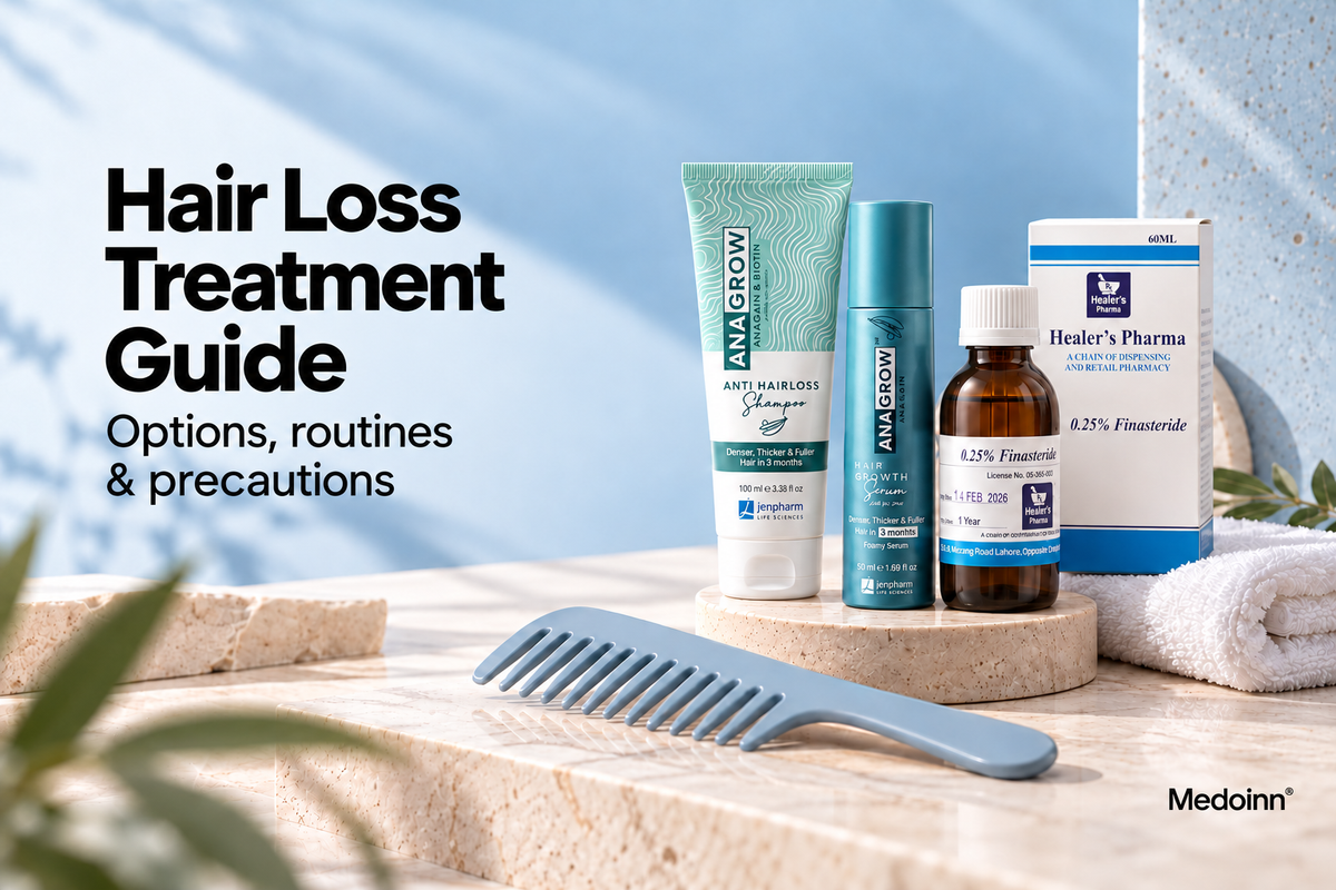 Hair loss guide with Jenpharm Anagrow shampoo and hair serum, and Healers Pharma finasteride topical solution