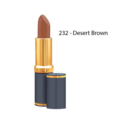 “Medora 232 Desert Brown matte lipstick shade on lips”