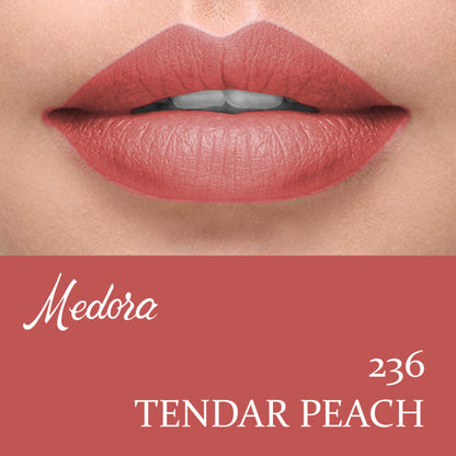 Medora Tendar Peach 236 matte lipstick tube and swatch