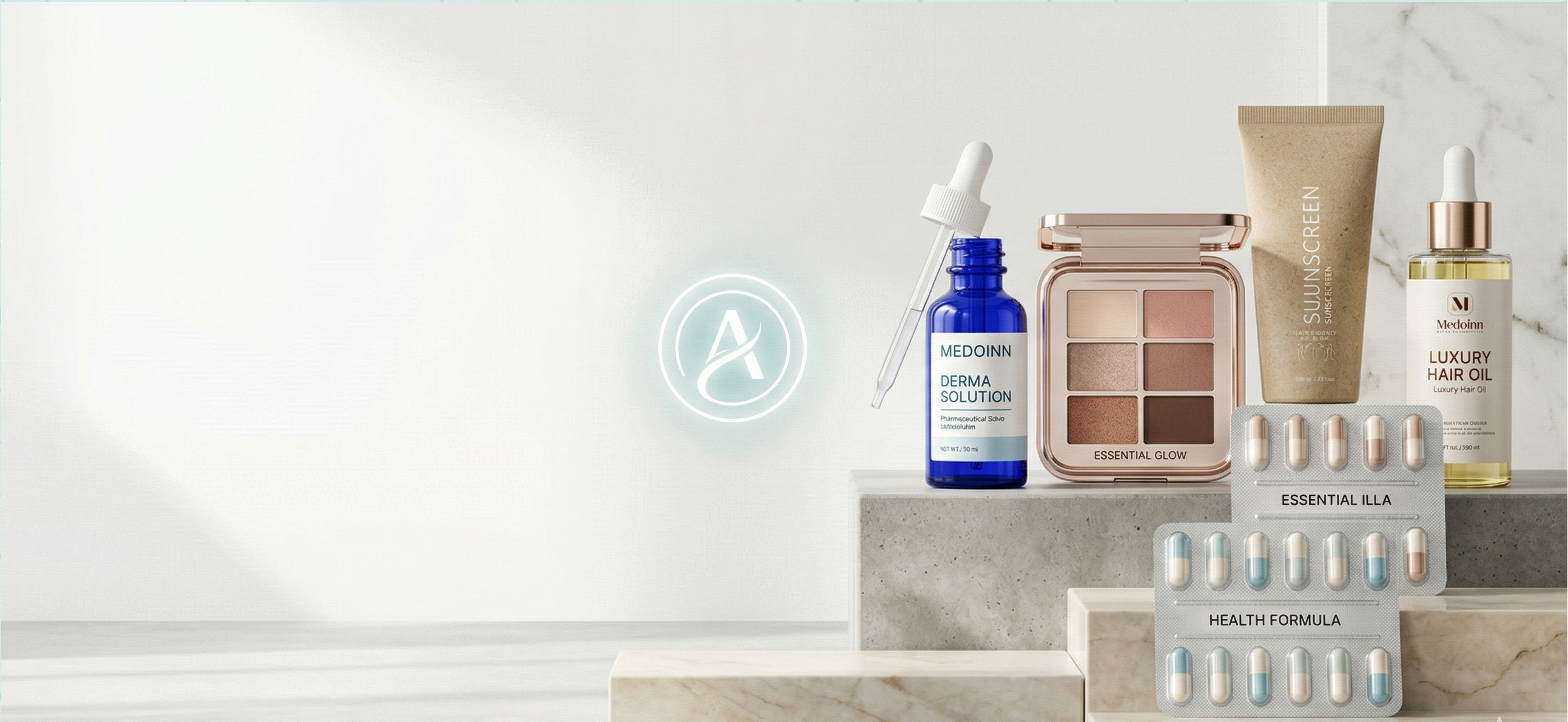 Collection of skincare and makeup products on a marble surface with a light blue gradient background.