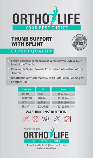 Ortholife Thumb Support with Splint pack details | Medoinn Pakistan