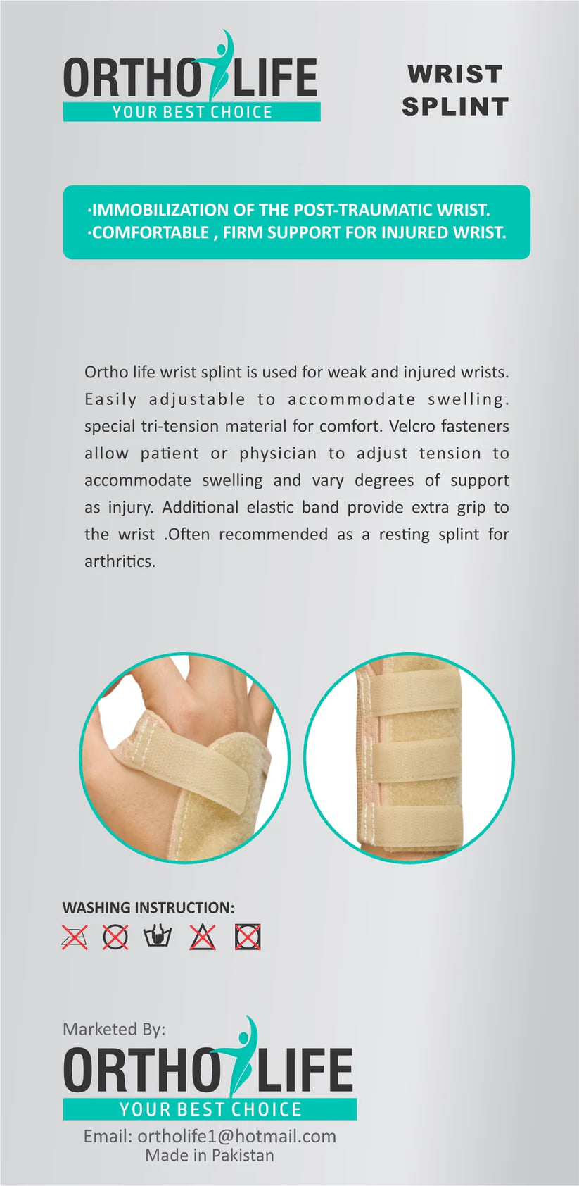 Ortholife Wrist Splint pack details | Medoinn Pakistan