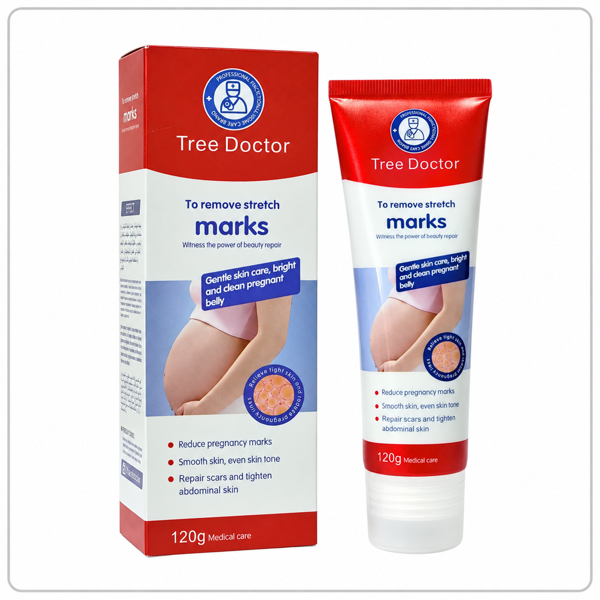 Tree Doctor Stretch Marks Cream 120g tube and carton in white square frame | Medoinn Pakistan